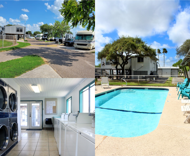 3 photos of Padre Palm RV Resort facilities including Pool, Laundry and entrance